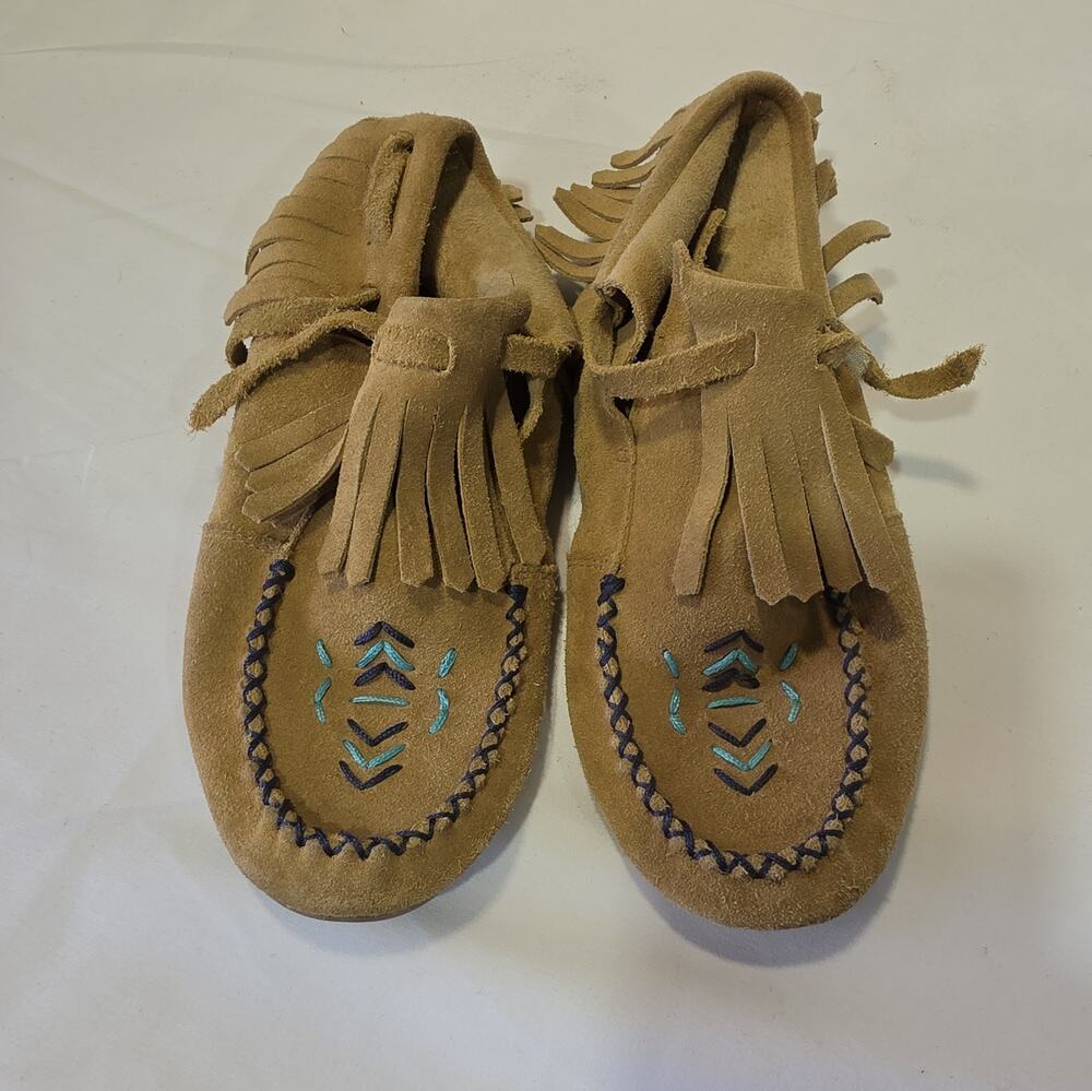 Girl's Lands End Moccasins Ankle Fringe Cognac Suede Size 2 Excellent EUC B8